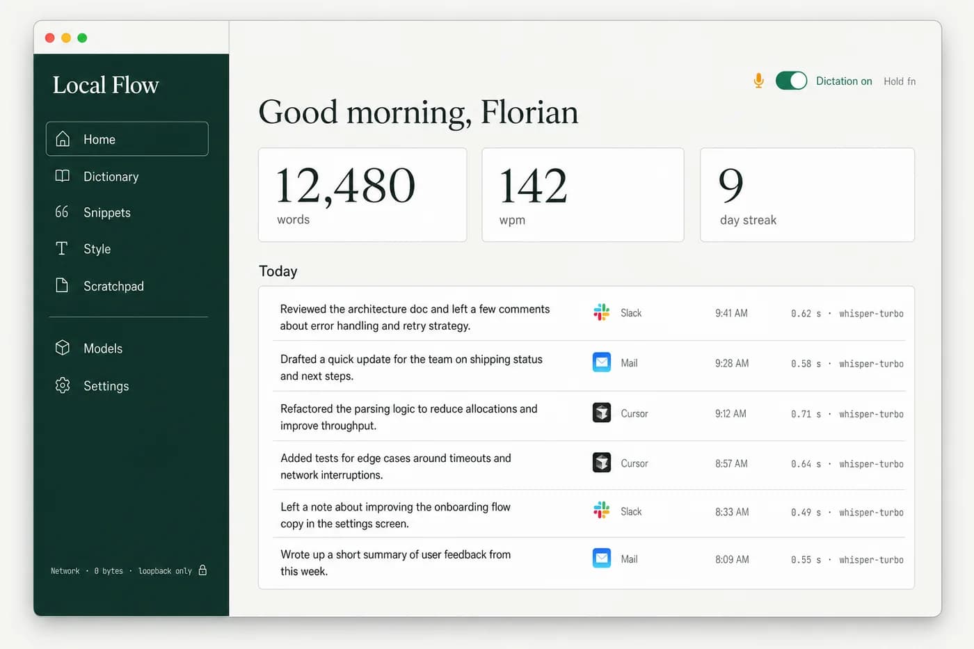 Flowwy auf dem Mac: Startbildschirm mit Wortzahl und heutigen Diktaten