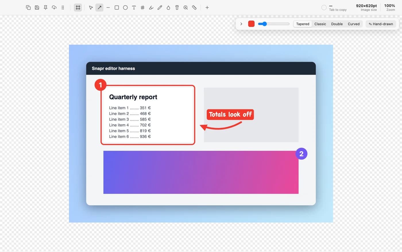 Der Snapr-Editor mit einer Aufnahme: roter Kasten mit Zähler 1, gebogener Pfeil und Textmarke „Totals look off“ auf einem Backdrop-Verlauf.